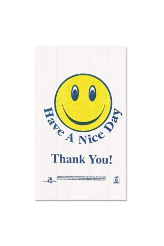 Smiley Face Shopping Bags, 12.5 microns, 11.5" x 21", White, 900/Carton (T16SMILEY)