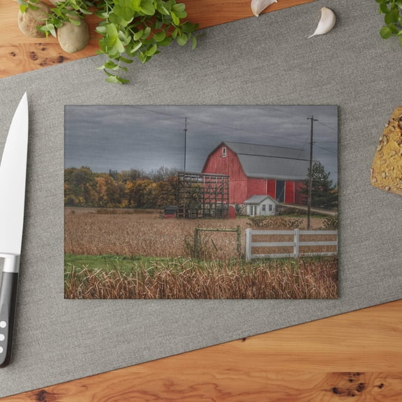 U R There Photography Barnes Road Red in Fall Rustic Farmhouse Tempered-Glass Cutting Board 8"x 11"