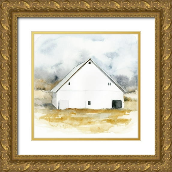 Barnes, Victoria 20x20 Gold Ornate Wood Framed with Double Matting Museum Art Print Titled - White Barn Watercolor IV