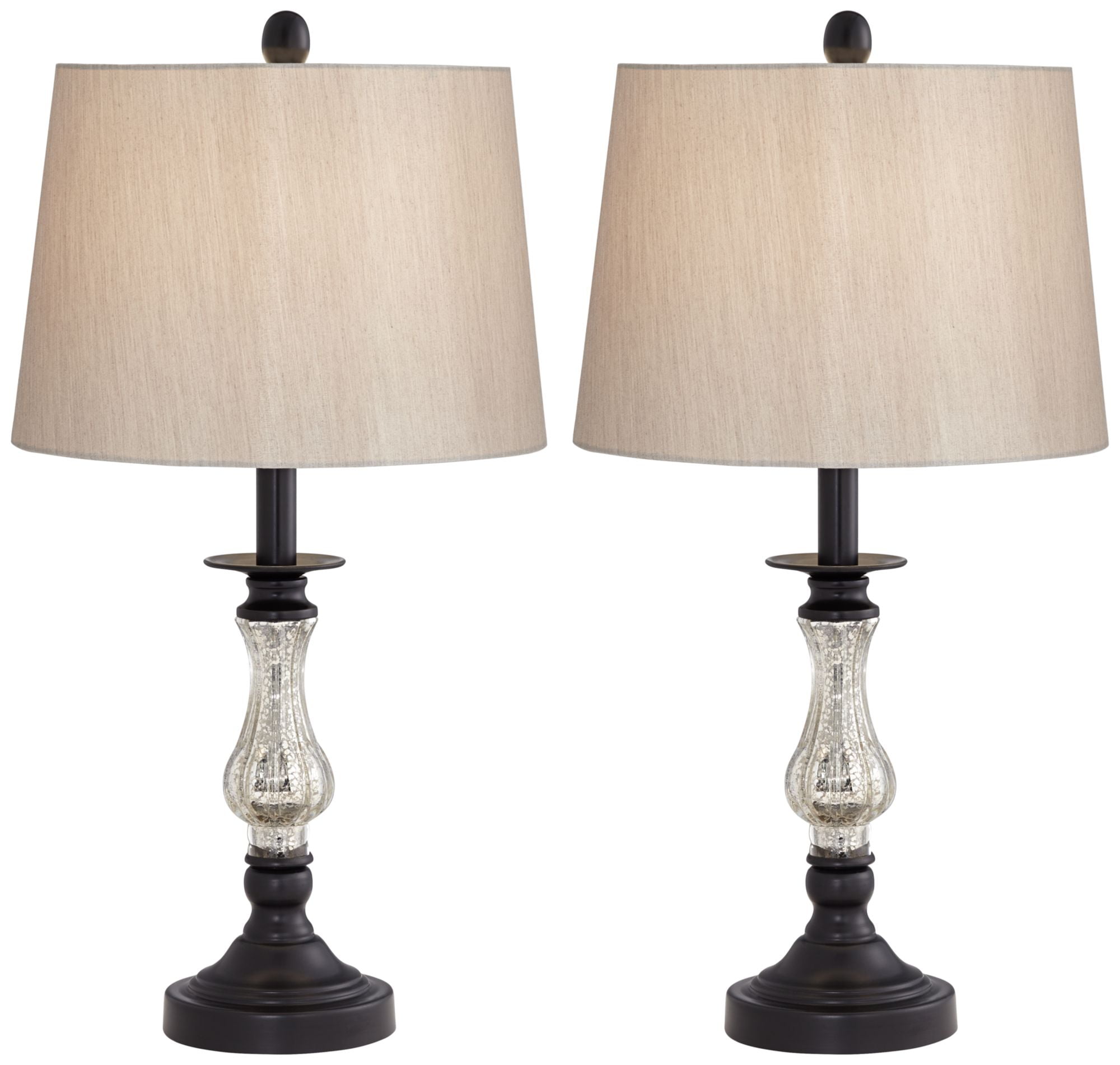 24" Black Mercury Glass Candlestick Table Lamps Set with Beige Shades