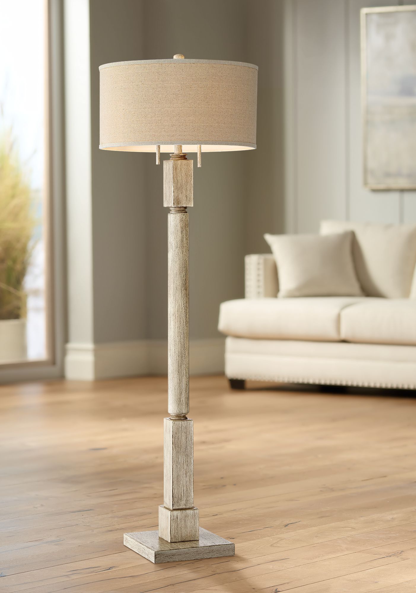 Barnes and Ivy Baluster Country Cottage Floor Lamp 63 1/2" Tall Pickled Wood Oatmeal Linen Drum Shade for Living Room Reading Bedroom Office House - image 1 of 10