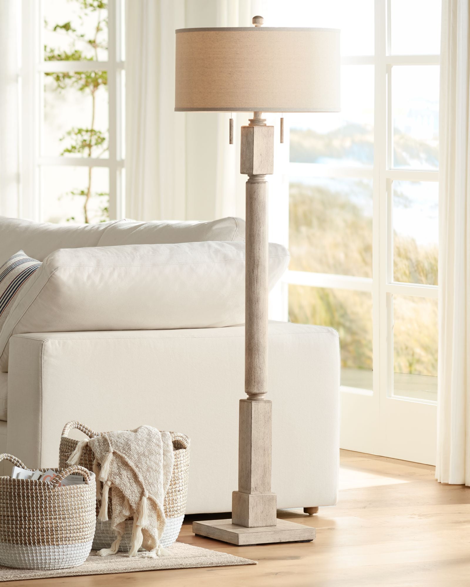 Classical Elegance Pickled Wood Floor Lamp with Oatmeal Linen Shade