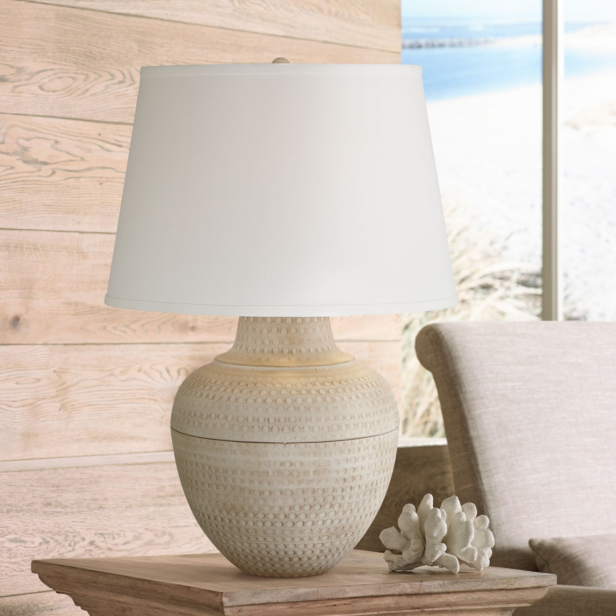 Brighton Beige Hammered Metal Table Lamp with White Fabric Shade