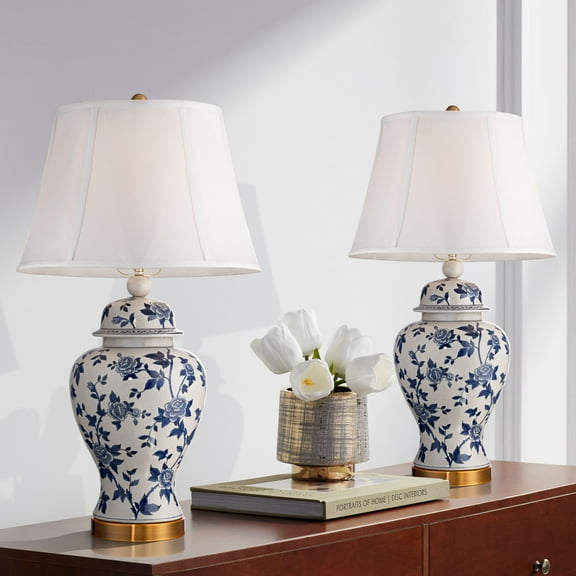 Barnes and Ivy Clarissa 25" High Traditional Table Lamps Set of 2 Blue and White Rose Vine Ceramic Living Room Bedroom Bedside