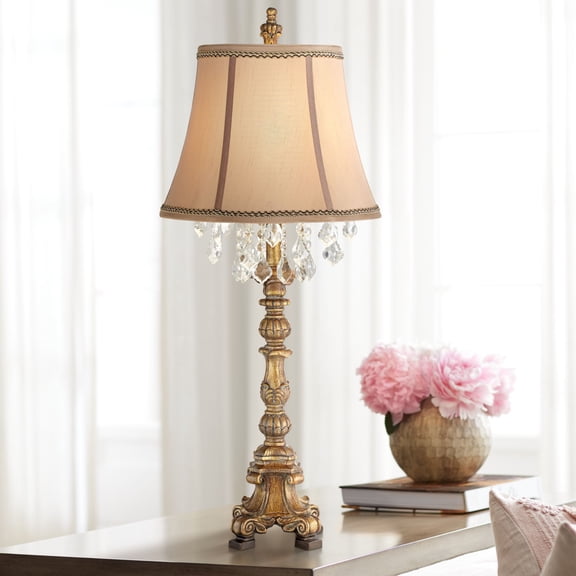 Barnes And Ivy Traditional Table Lamp Candlestick Antique Gold Crystal Artisan Made Tan Bell Shade for Living Room Bedroom Family