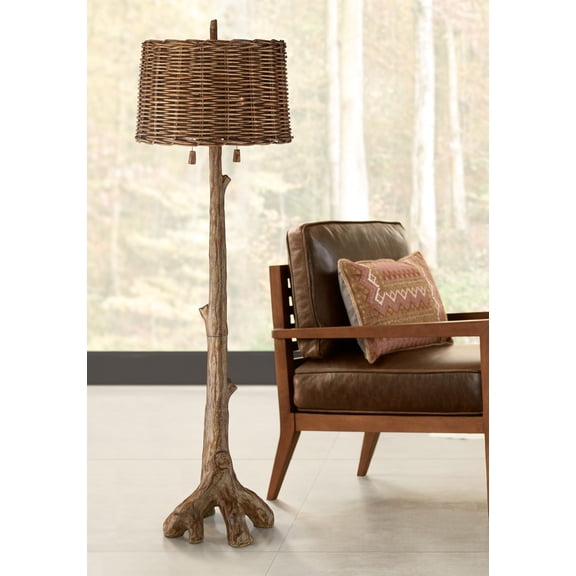 Barnes and Ivy Forrest Sequoia Tree Rustic Country Cottage Floor Lamp 61" Tall Faux Wood Brown Wicker Drum Shade for Living Room Bedroom Office House