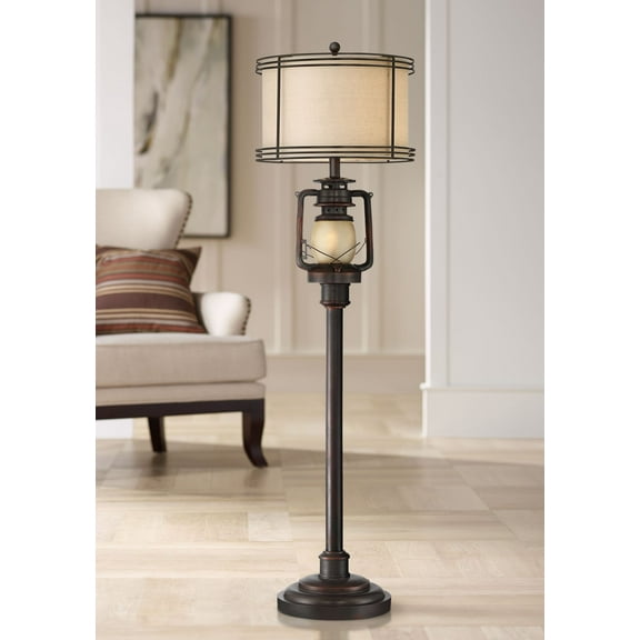 Barnes and Ivy Henson Industrial Floor Lamp 63" Tall Bronze with LED Nightlight Earthy Fabric Drum Shade for Living Room Bedroom Office House Home