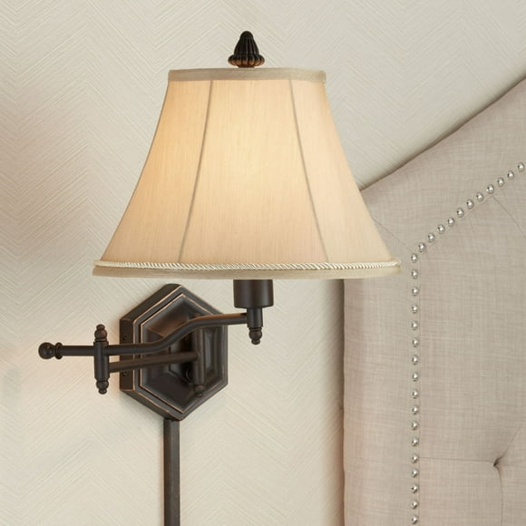 Barnes and Ivy Hexagon Rustic Vintage Swing Arm Wall Lamp Bronze Plug-in Light Fixture Gold Bell Shade for Bedroom Bedside Living Room Reading House