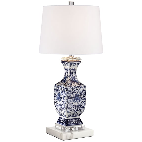 Barnes and Ivy Iris Asian Table Lamp with Square White Marble Riser 28" Tall Blue Floral Jar Geneva White Drum Shade for Bedroom Living Room Bedside