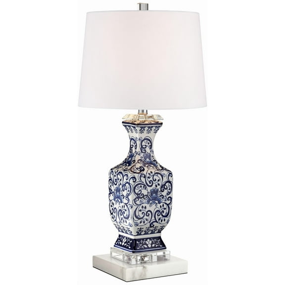 Barnes and Ivy Iris Asian Table Lamp with Square White Marble Riser 28" Tall Blue Floral Jar Geneva White Drum Shade for Bedroom Living Room Bedside