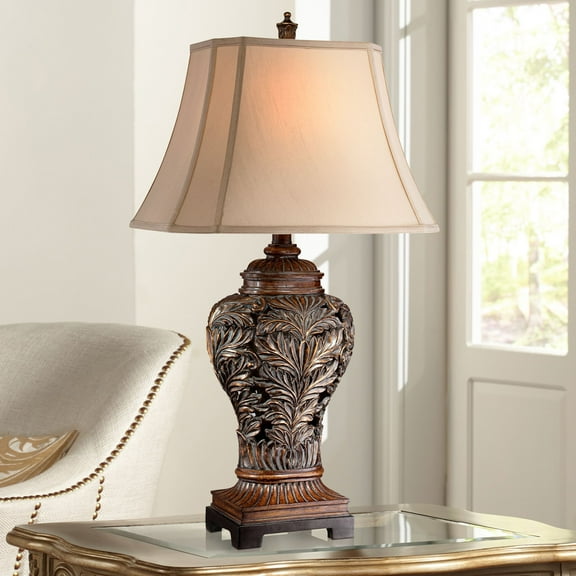 Barnes and Ivy Leafwork Traditional Table Lamp 32 1/2" Tall Bronze with Table Top Dimmer Tan Rectangular Shade for Bedroom Living Room Bedside Office
