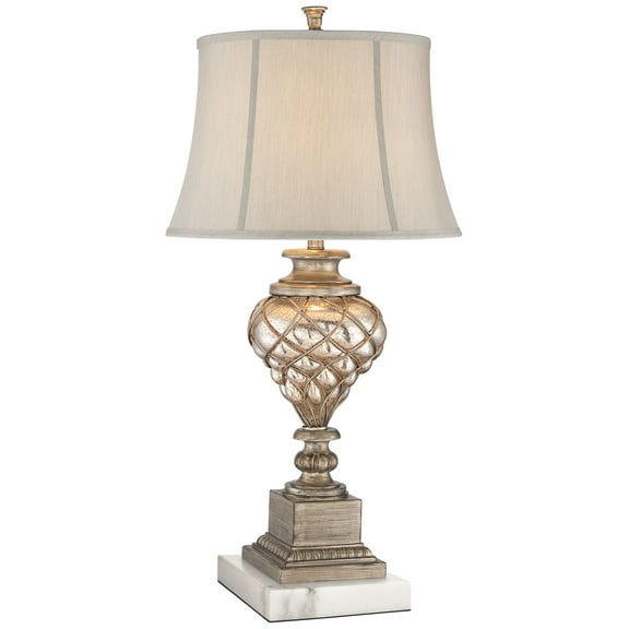 Barnes and Ivy Luke Traditional Table Lamp with Square White Riser 30 1/2" Tall Silver Glass LED Nightlight Off White Bell Shade for Bedroom Bedside