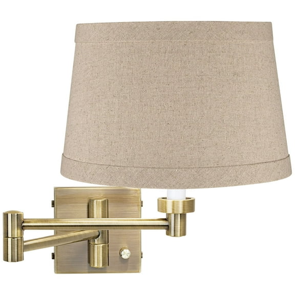 Barnes and Ivy Modern Swing Arm Wall Lamp Antique Brass Plug-In Light Fixture Natural Linen Drum Shade for Bedroom Bedside Reading