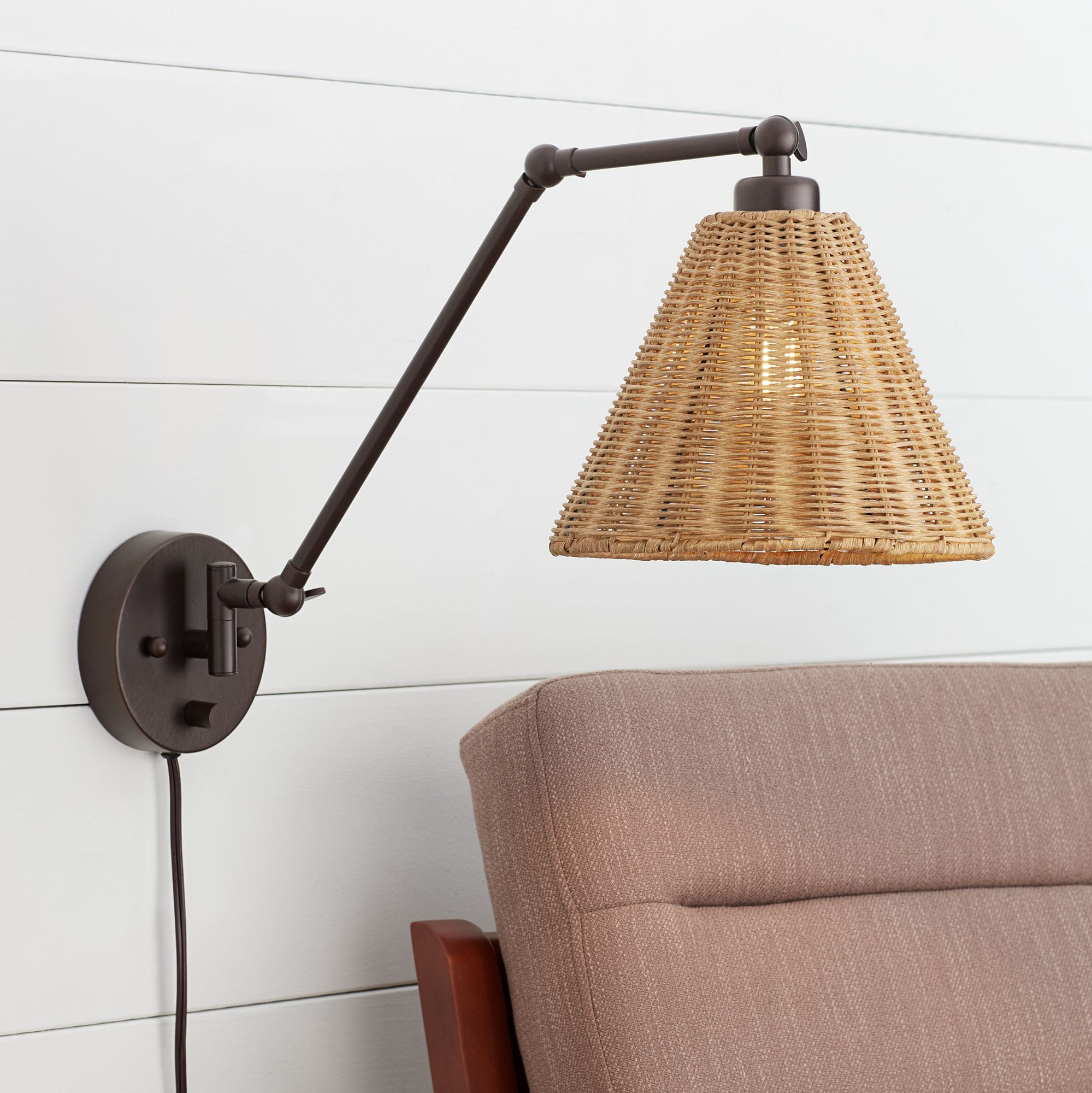 Bronze Swing Arm Wall Sconce with Rattan Shade