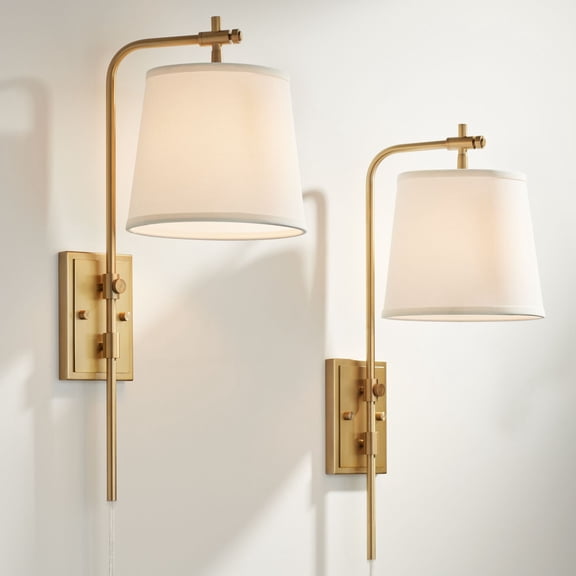 Barnes and Ivy Seline Modern Wall Lamps Set of 2 Warm Gold Plug-in 9" Light Fixture Adjustable Swivel Off White Shade for Bedroom Reading Living Room