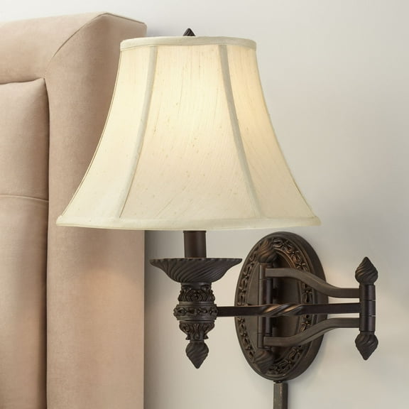Barnes and Ivy Swing Arm Wall Lamp Bronze Plug-In Light Fixture Beige Softback Bell Shade for Bedroom Bedside Living Room Reading