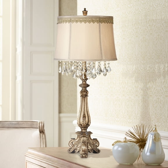 Barnes and Ivy Traditional Console Table Lamp Antique Gold Crystal Scallop Lace Trim Shade for Living Room Family Bedroom Bedside