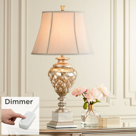 Barnes and Ivy Traditional Table Lamp with USB Port and Nightlight LED 33.75" Tall Mercury Glass Off-White Bell Shade for Living Room Bedroom