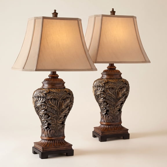 Regency Hill Traditional Table Lamps 32.5" Tall Set of 2 Bronze Curling Leaves Tan Rectangular Shade for Living Room Family Bedroom Bedside