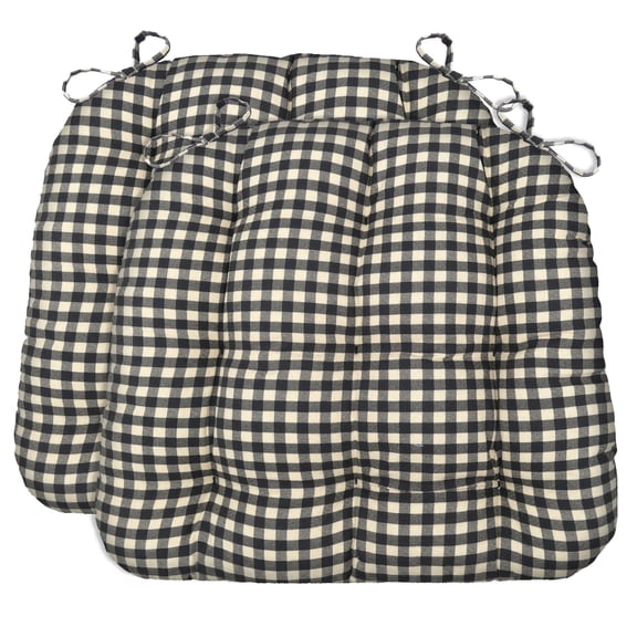 Barnett Home Decor Dining Chair Cushions with Ties, 16.5 x 18, Pack of 2 –Farmhouse Check Black – 100% Cotton, Latex Foam Fill, Made in USA