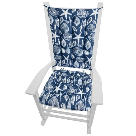 Barnett Home Decor Outdoor Rocking Chair Cushions – Shoreline Blue Seashells Pattern, Extra-Large Set Seat 19x19 & Back 18x23, Fade & Weather Resistant Porch Rocker Cushions