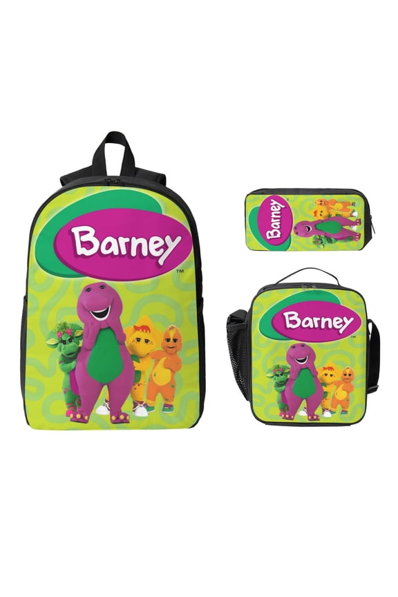 Barney Cartoon Dinosaur 3-Piece Backpack Set Unisex Lightweight Shoulder Bookbag With Insulated Lunch Bag & Pencil Case