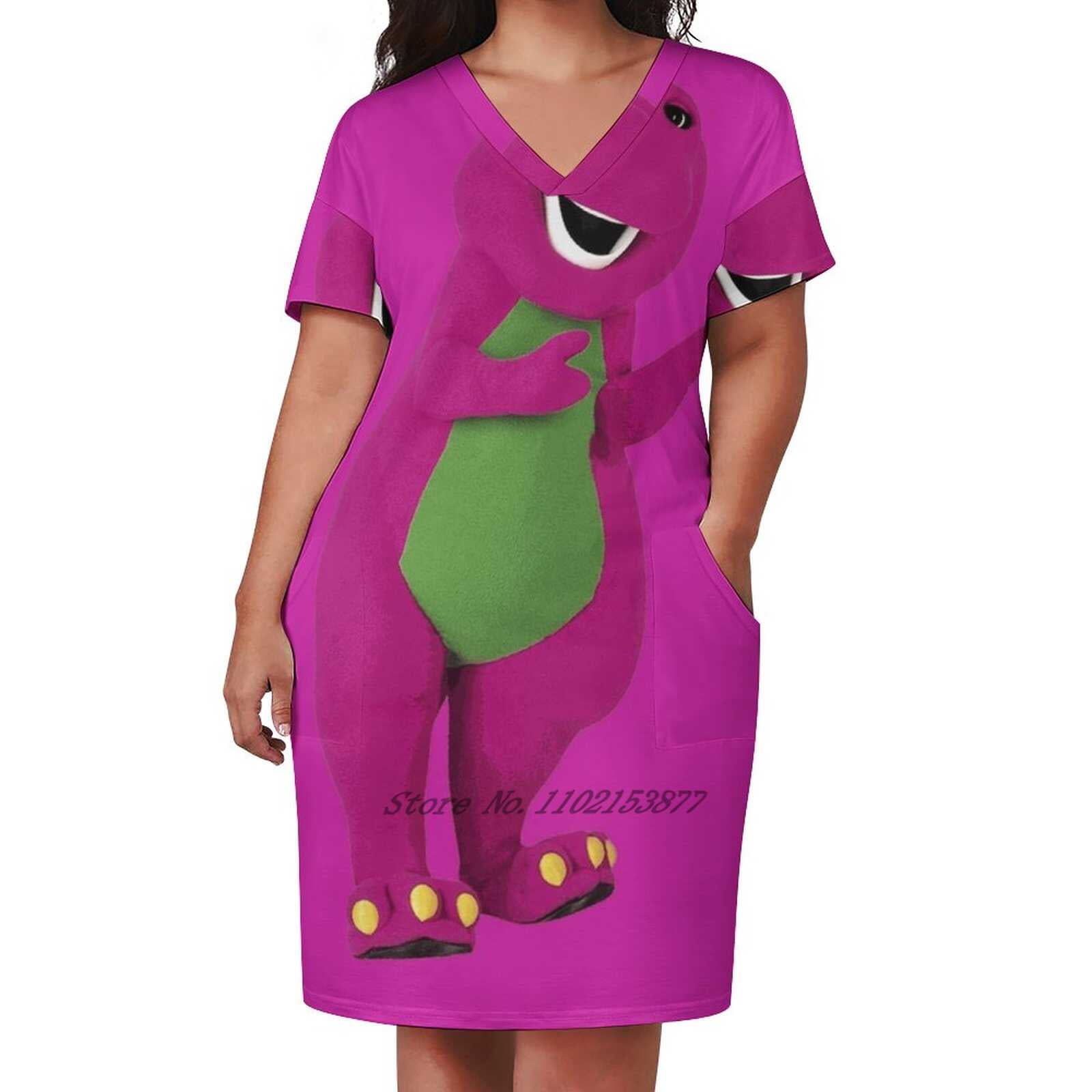 Barney Loose Pocket Dress Summer Sexy V Neck Dress Print Short Sleeve Dress Barney Barney The ...