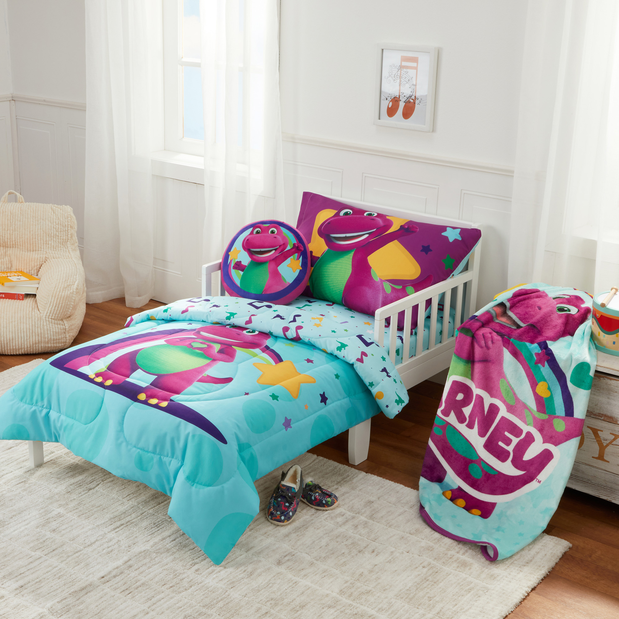 Barney Toddler Bedding, 5Pc Set, Comforter, Sheet, Pillowcase, Throw, Pillow