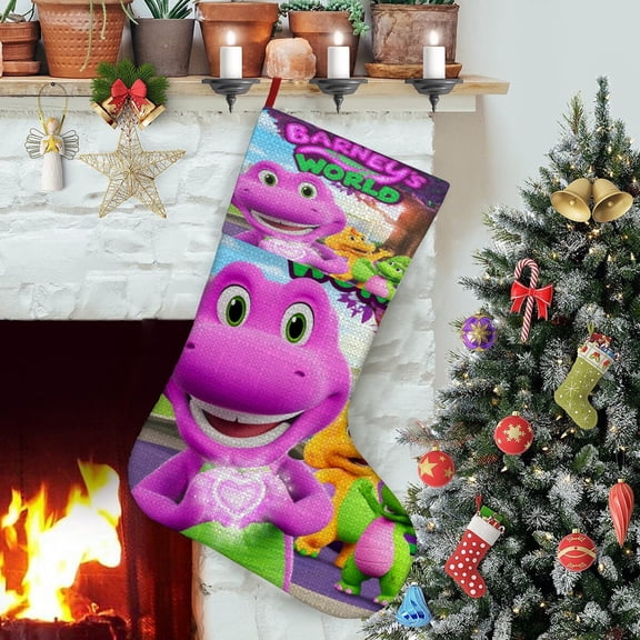 Barney and Friends-theme Christmas StockingsFine white linen for Stairs Fireplace Hanging Xmas Home Decor Christmas gift17.7"X12.6"(45cm32cm)