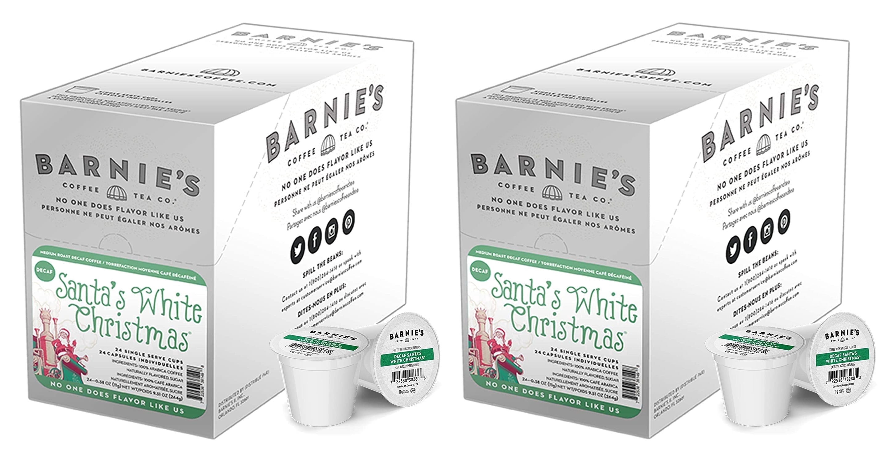 Barnie's Coffee & Tea Co. Santa's White Christmas Decaf Single Serve Coffee Cups, Coconut Caramel & Vanilla, Medium Roast Pods Compatible with Keurig Brewers, 24 Count per Box, 2 Boxes