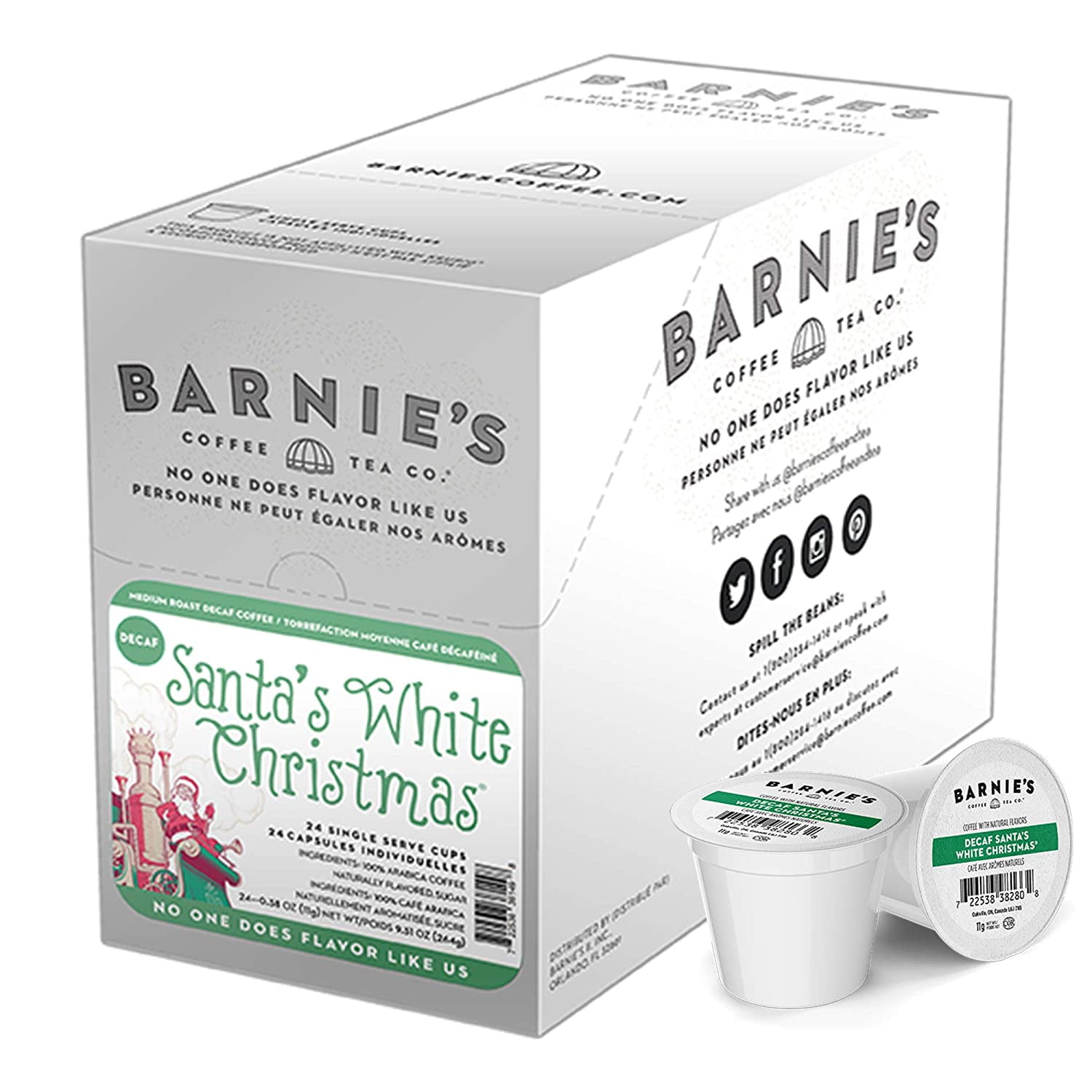 Barnie's Coffee & Tea Co. Santa's White Christmas Decaf Single Serve Coffee Cups, Coconut Caramel & Vanilla, Medium Roast Pods Compatible with Keurig Brewers, 24 Count