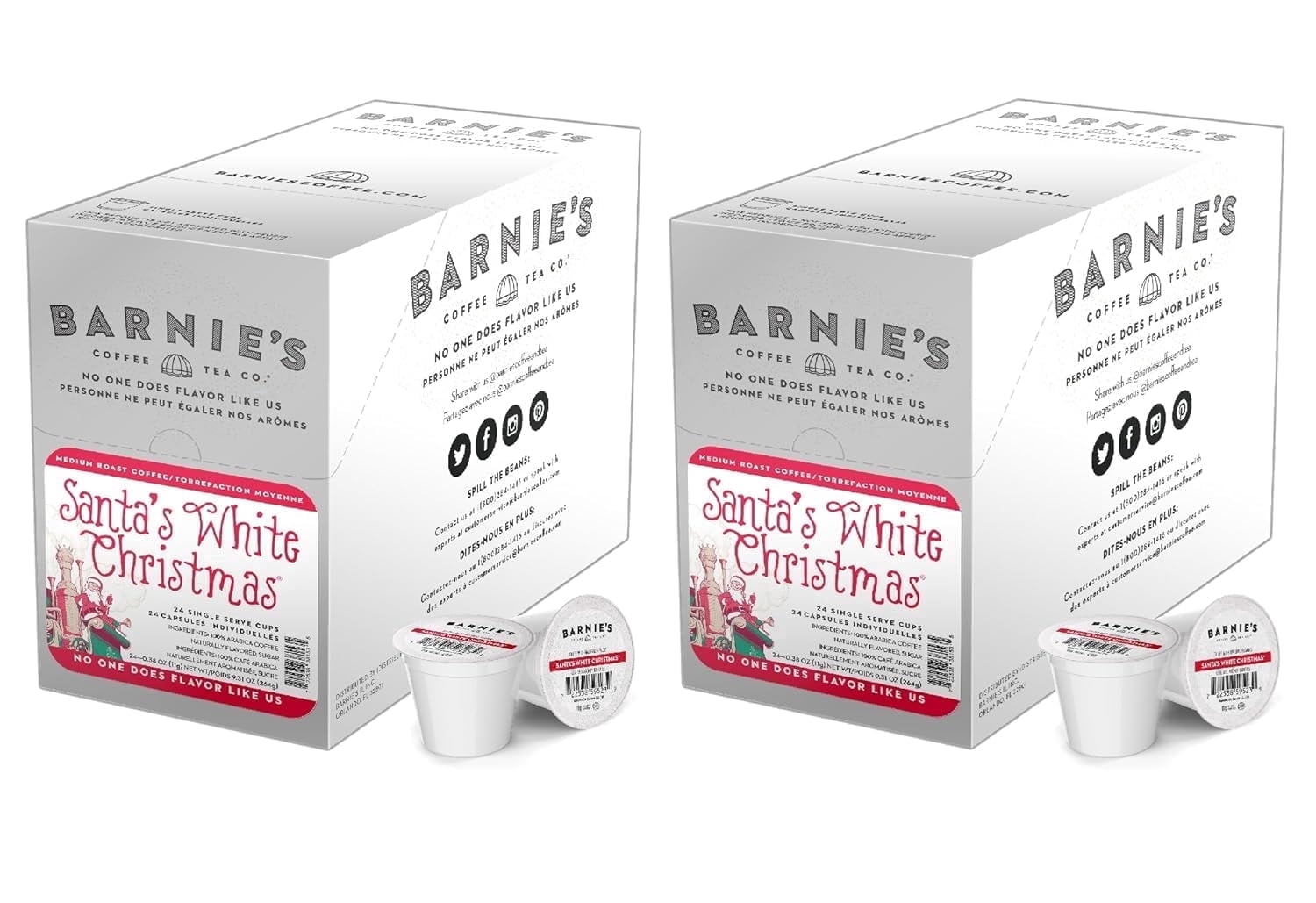 Barnie's Coffee & Tea Co. Santa's White Christmas Single Serve Coffee Cups, Coconut Caramel & Vanilla, Medium Roast Pods Compatible with Keurig Brewers, 22 Count per Box, 2 Boxes