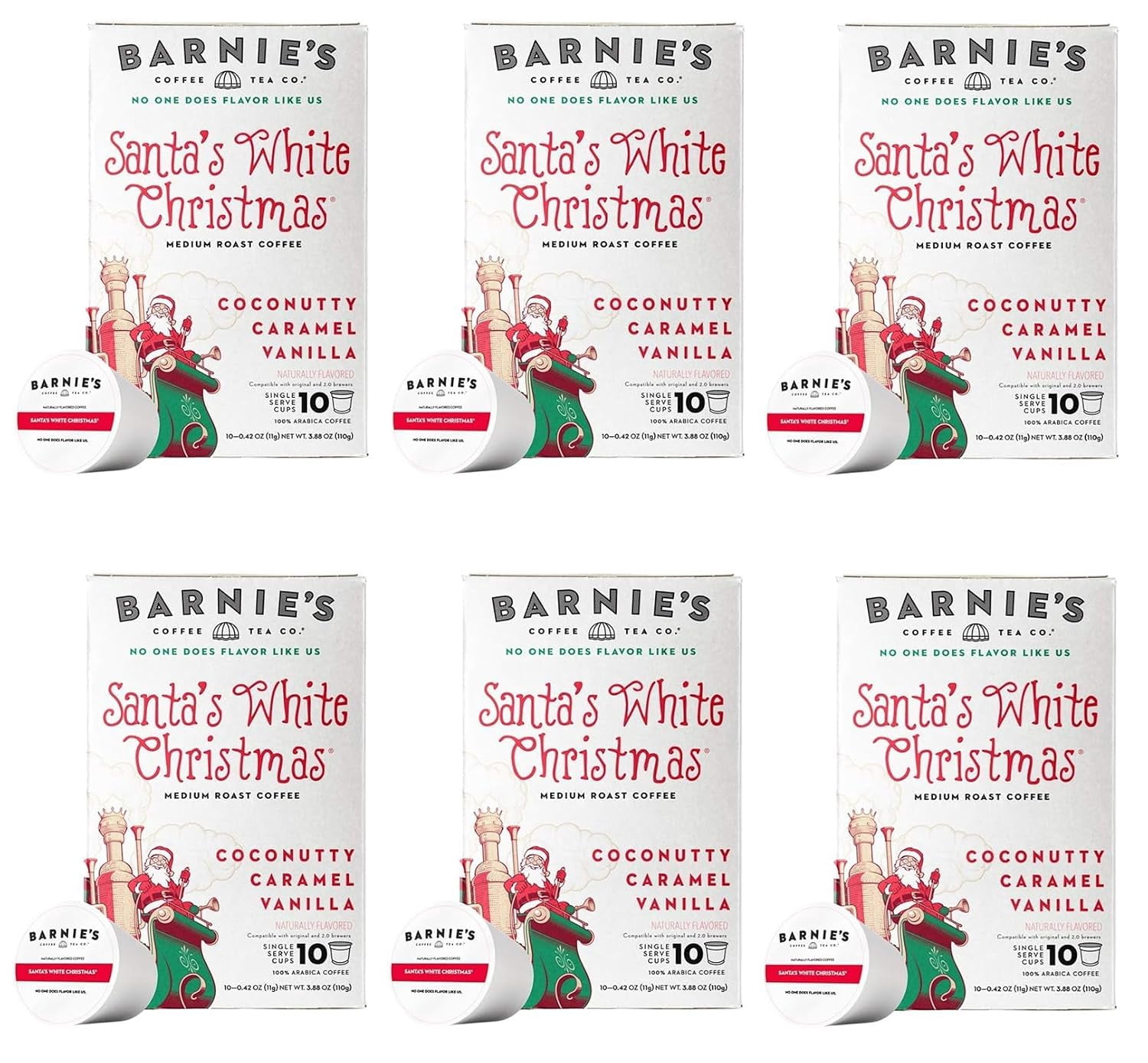 Barnie's Coffee & Tea Co. Santa's White Christmas Single Serve Coffee Cups, Coconut Caramel & Vanilla, Medium Roast Pods Compatible with Keurig Brewers, 60 Count