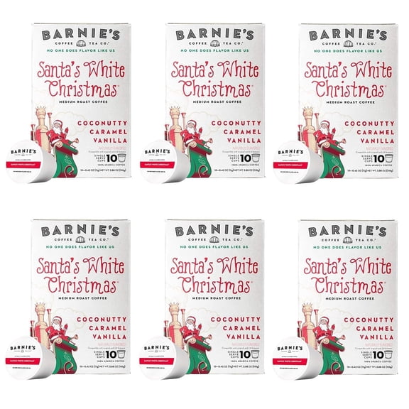 Barnie's Coffee & Tea Co. Santa's White Christmas Single Serve Coffee Cups, Coconut Caramel & Vanilla, Medium Roast Pods Compatible with Keurig Brewers, 60 Count