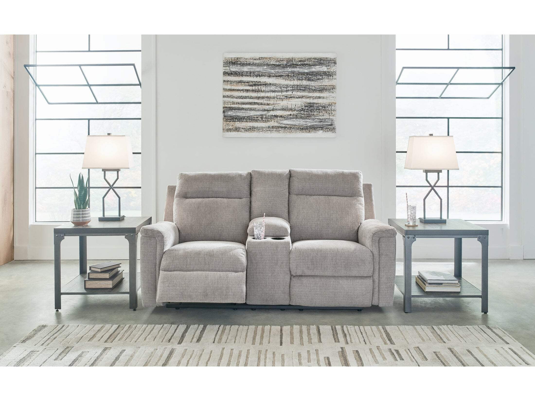 Ash Gray Fabric Power Reclining Loveseat with Cup Holder