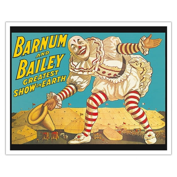 Barnum & Bailey Circus - Greatest Show on Earth - Clown Standing over Tents - Vintage Circus Poster c.1917 - Fine Art Matte Paper Print (Unframed) 16x20in