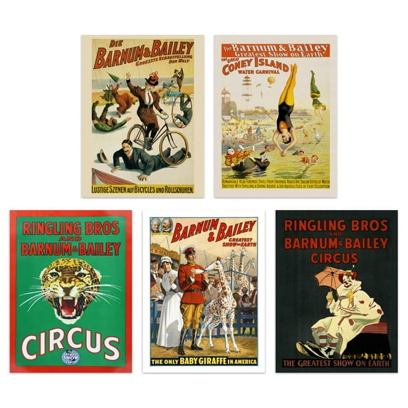 Barnum & Bailey Greatest Show On Earth Set Of 5 Unframed Wall Art Prints Bathroom Bedroom Aesthetic Vintage Circus Advertising 12X16 Inch