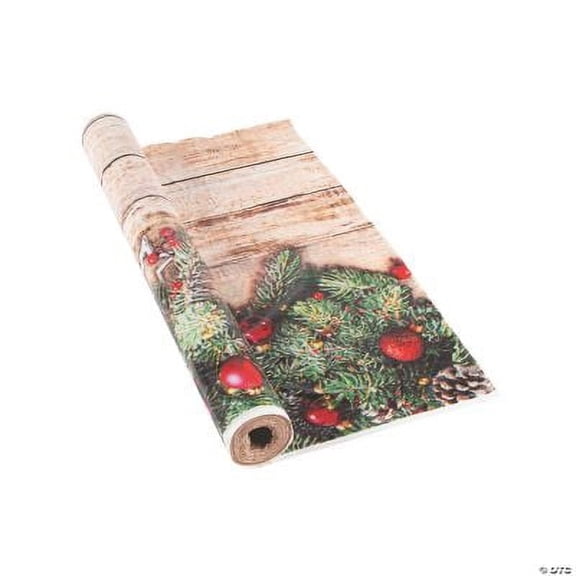 Fun Express Party Supplies Waterproof 100' x 40" Rustic/Lodge Christmas Barnwood and Berry Wreath Garland Print Plastic Tablecloths