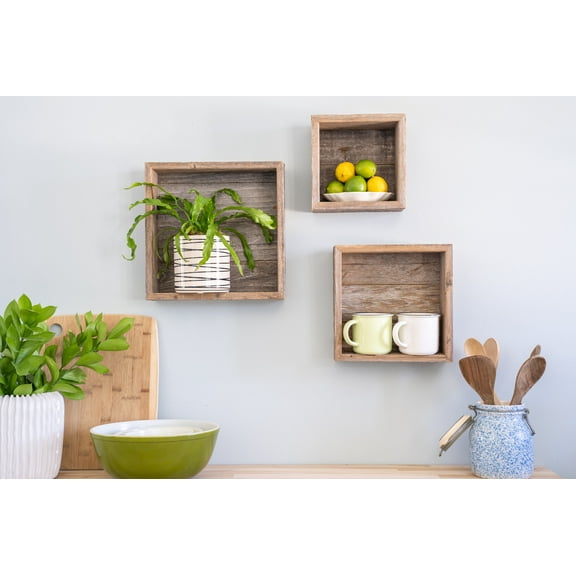BarnwoodUSA Rustic Farmhouse, Set of 3, Weathered Gray Deluxe Floating Square Wall Shelf Set