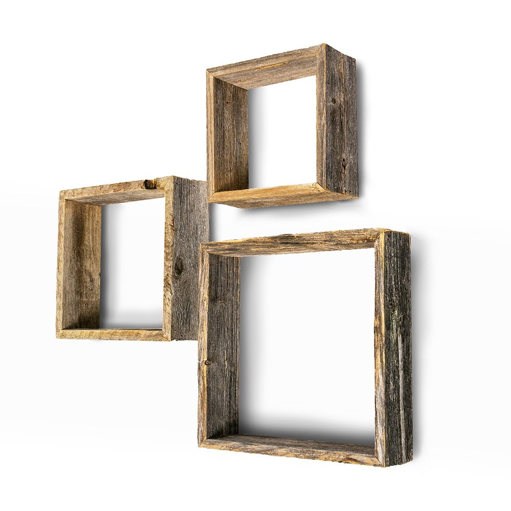 Rustic Weathered Gray Reclaimed Wood Floating Wall Shelf Set