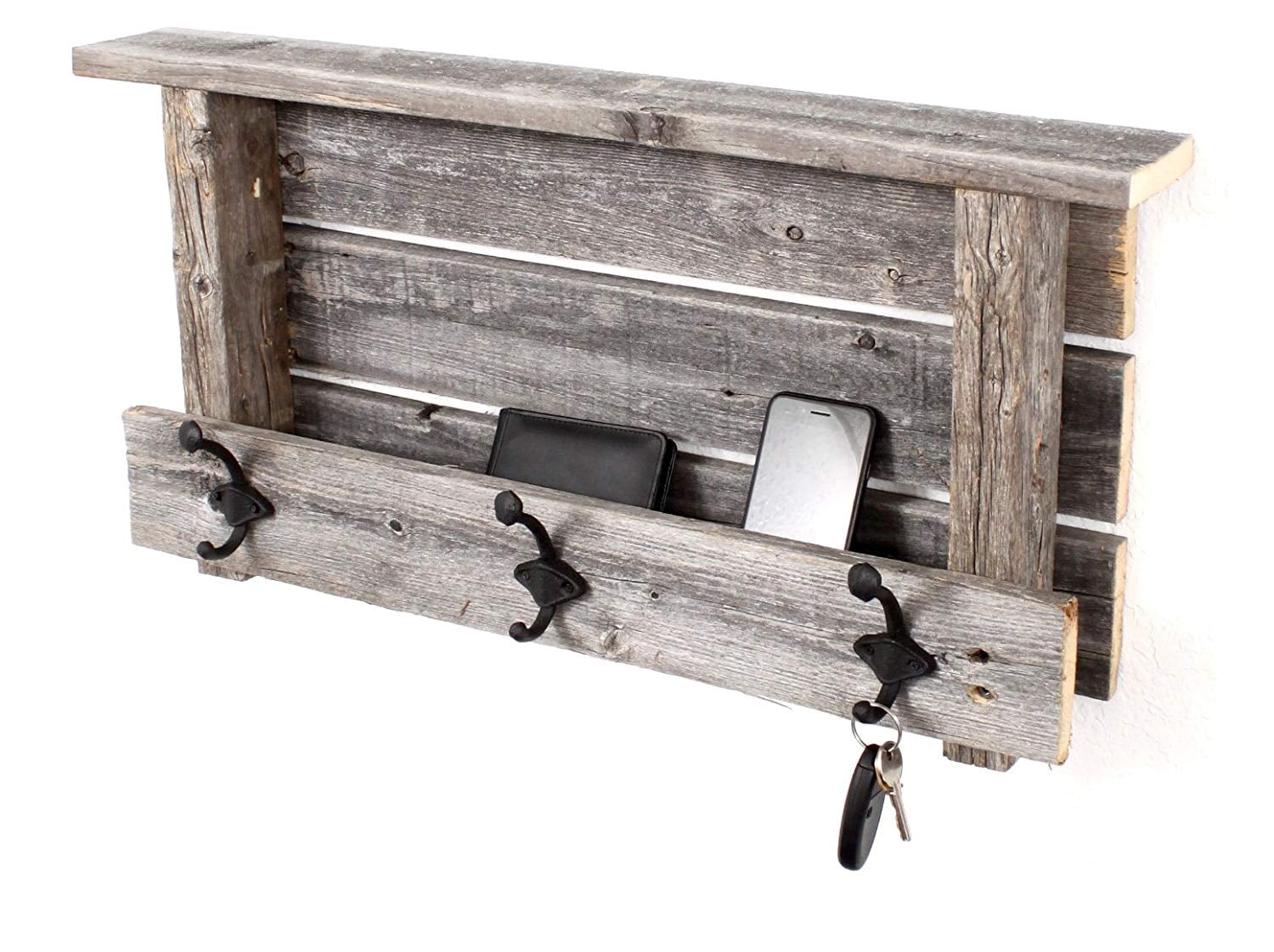 BarnwoodUSA Rustic Wood Farmhouse Shelf With Hooks Weathered Gray