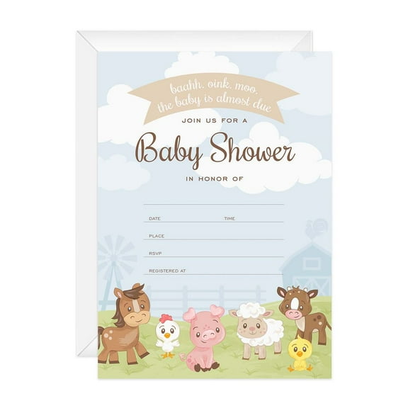 Barnyard Baby Shower Invites / 25 Cards With White Envelopes / 5" x 7" Farm Animal Invitations / Fill In Gender Neutral Country Baby Cards / Made In The USA
