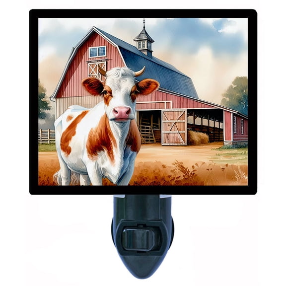 Barnyard Boss Night Light Brown and White Cow with Red Barn Farmhouse Country Dcor with Free Switchable Insert