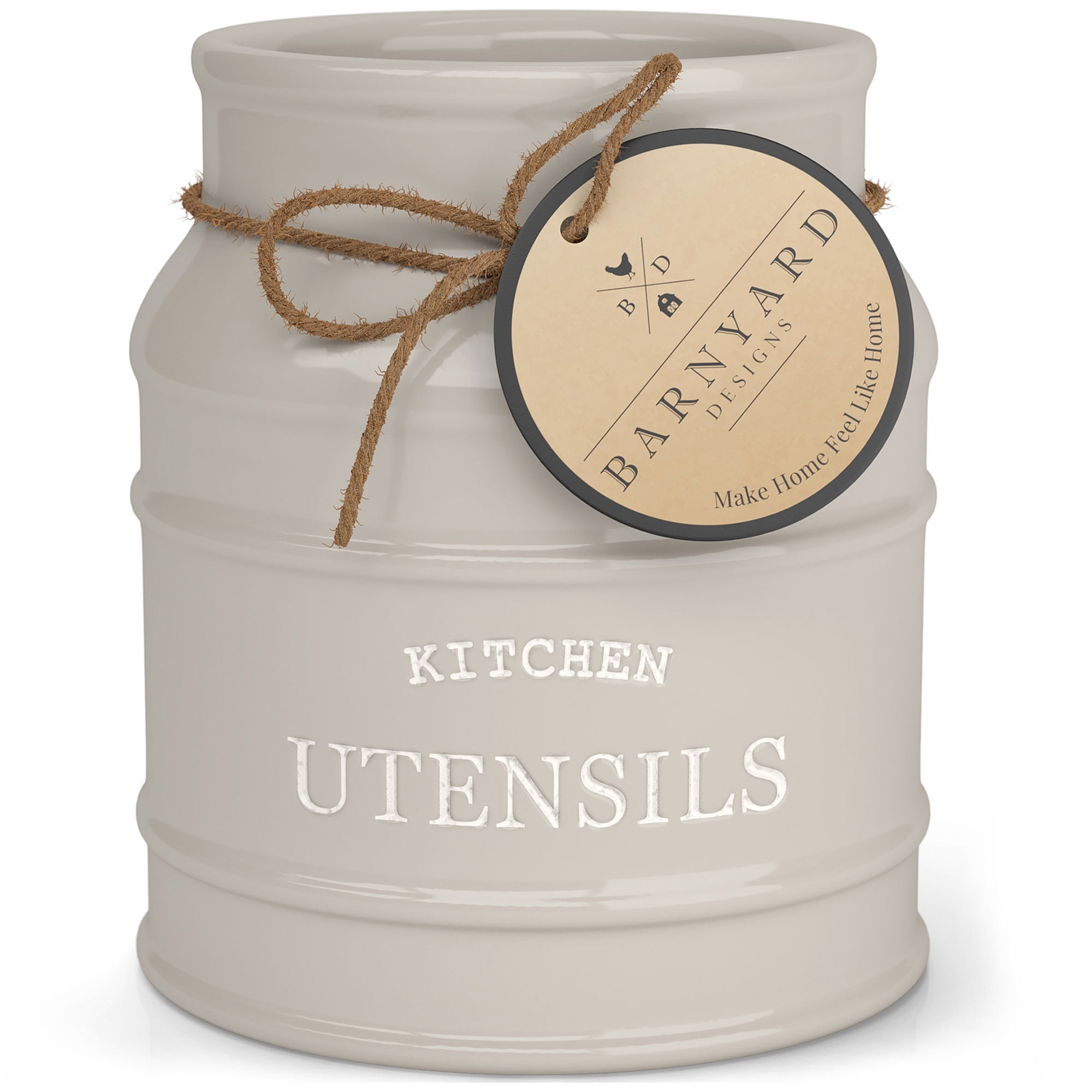 Barnyard Designs Ceramic Farmhouse Utensil Holder for Kitchen Counter, Large Rustic Utensil Crock, Countertop Cooking Tool Spatula Organizer, 6.75” (Taupe)