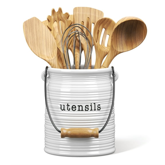 Barnyard Designs Ceramic Farmhouse Kitchen Utensil Holder for Countertop, Decorative Kitchen Utensil Crock for Counter, Spatula Holder, 6" White