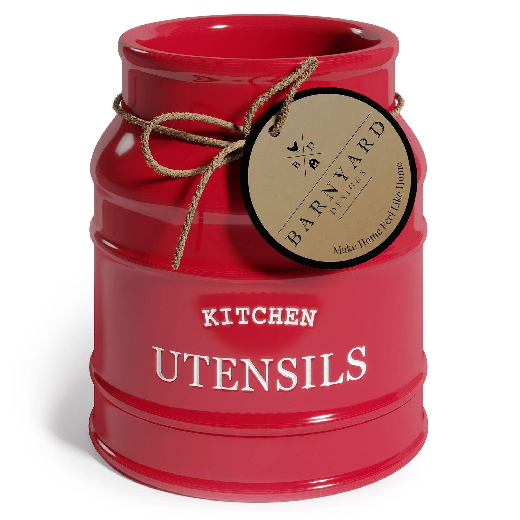 Large Red Ceramic Farmhouse Kitchen Utensil Crock