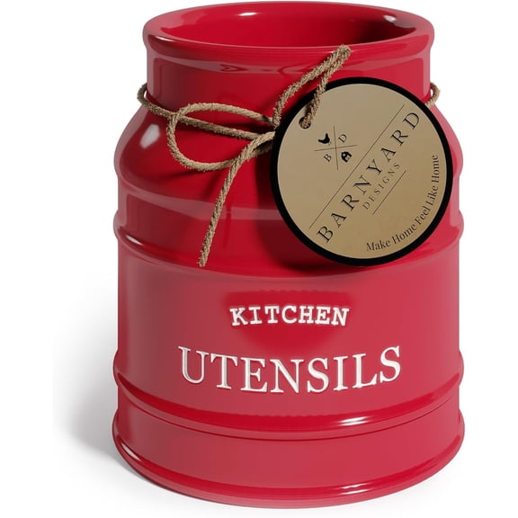 Barnyard Designs Ceramic Farmhouse Utensil Holder for Kitchen Counter, Large Rustic Utensil Crock, Countertop Cooking Tool Spatula Organizer, 6.75” (Red)