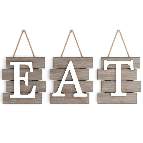 Barnyard Designs Eat Sign Wall Decor, Rustic Farmhouse Decoration for Kitchen and Home, Decorative Hanging Wooden Letters, Country Wall Art, Distressed Brown/White, 24" x 8”