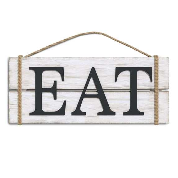 Barnyard Designs Eat Wood Wall Art Sign, Rustic Primitive Farmhouse Country Kitchen and Home Wall Decor, White/Black, 17" x 7”