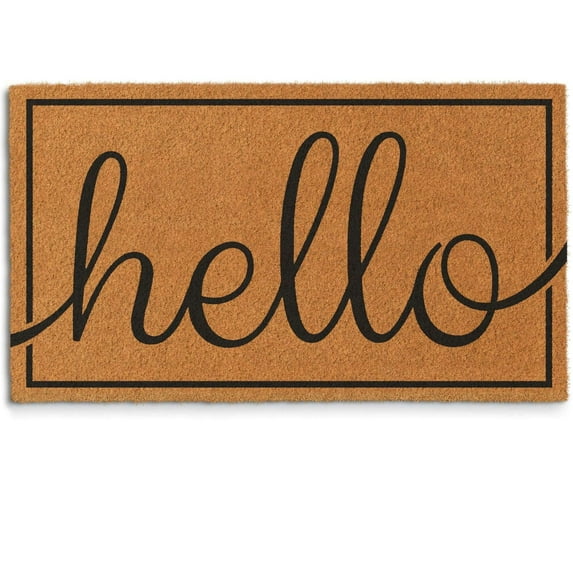 Barnyard Designs Natural Coco Coir Heavy Duty Backing Doormat - Large Cute Non-Slip Front Door Welcome Mat for Outside Entrance or Porch Entry, Brown (17x30, Hello)